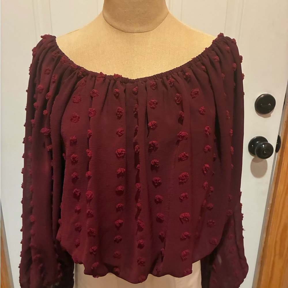 HYFVE Burgundy Off-Shoulder Pom-Pom Peasant Blouse